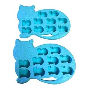 Set of 2 Blue Cat Shaped Silicone Ice Cube Trays Molds EUC